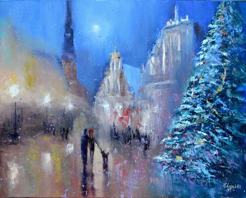 Christmas Tree at the City Hall Square di Elena Lukina, Pittura in vendita su Singulart