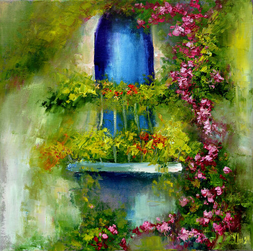 French balcony with flowers van Elena Lukina, Schilderij te koop op Singulart