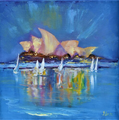 Sydney Evening Lights. Opera House. van Elena Lukina, Schilderij te koop op Singulart