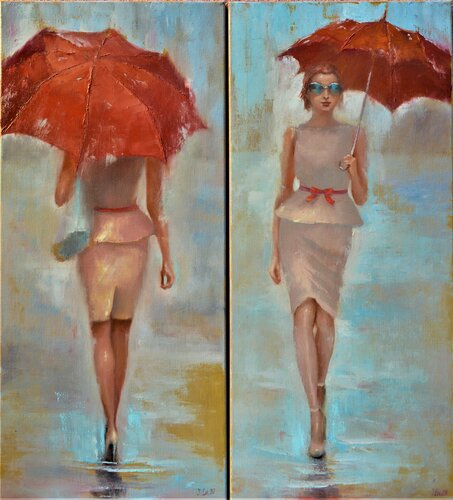 commission  work RED UMBRELLA (90X40 cm x2) van Elena Lukina, Schilderij te koop op Singulart