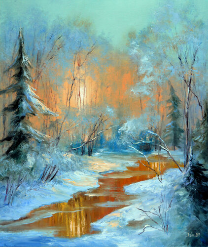 Christmas evening in the forest di Elena Lukina, Pittura in vendita su Singulart