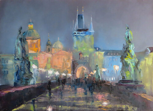 Evening lights of Prague van Elena Lukina, Schilderij te koop op Singulart