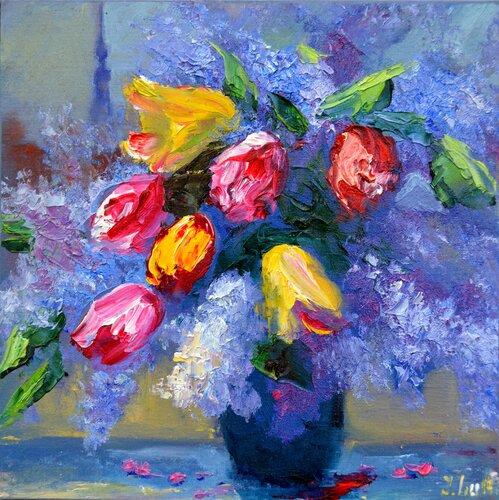 Flowers on the window van Elena Lukina, Schilderij te koop op Singulart