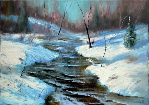 Icy river in the Christmas forest di Elena Lukina, Pittura in vendita su Singulart