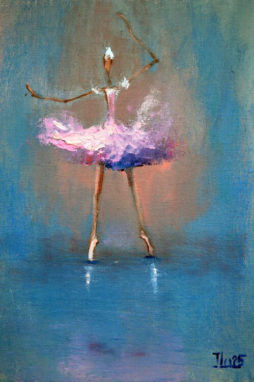 Funny pink ballerina. Original impasto Miniature oil painting. Elena Lukina