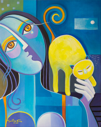 Woman with a Yellow Cat van Marlina Vera, Schilderij te koop op Singulart