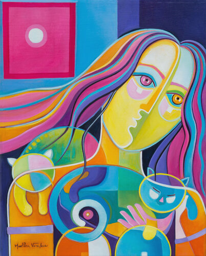 Woman with Cats van Marlina Vera, Schilderij te koop op Singulart