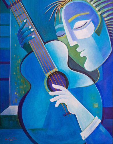 Blue Guitar Player van Marlina Vera, Schilderij te koop op Singulart