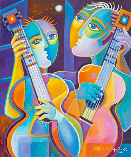 Guitar Duo at Night van Marlina Vera, Schilderij te koop op Singulart