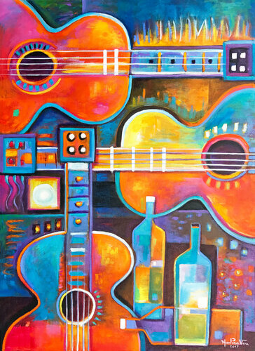 Three Guitars Three Wines van Marlina Vera, Schilderij te koop op Singulart