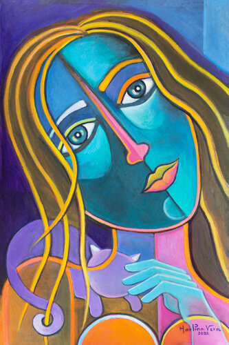 Woman with Purple Cat di Marlina Vera, Opera su carta in vendita su Singulart