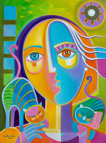 Woman with Blue and Green Cats di Marlina Vera, Pittura in vendita su Singulart