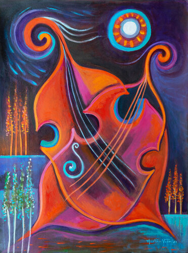 Two Red Cellos in the Night by Marlina Vera, Work on Paper for Sale on Singulart