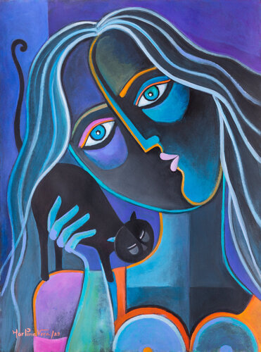 Woman with Black Cat di Marlina Vera, Pittura in vendita su Singulart