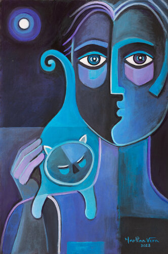Blue Man with a Blue Cat di Marlina Vera, Opera su carta in vendita su Singulart