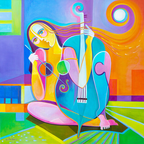 Woman with Cello at Sunset by Marlina Vera, Painting for Sale on Singulart