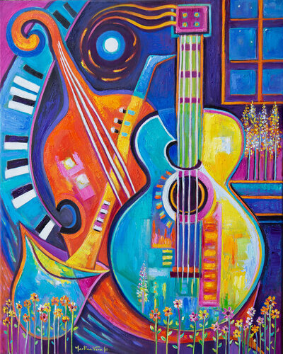 Music and Summer Nights Original Textured oil painting di Marlina Vera, Pittura in vendita su Singulart