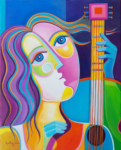 Girl with Guitar #2 Original Cubism Oil painting on canvas 20x16 in by Marlina Vera von Marlina Vera, Malerei kaufen auf Singulart