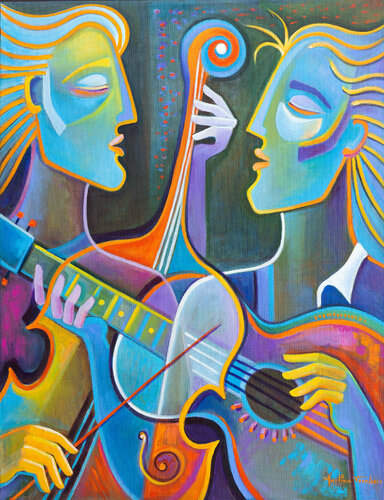 Guitar and Cello Duet Original painting on stretched canvas von Marlina Vera, Malerei kaufen auf Singulart