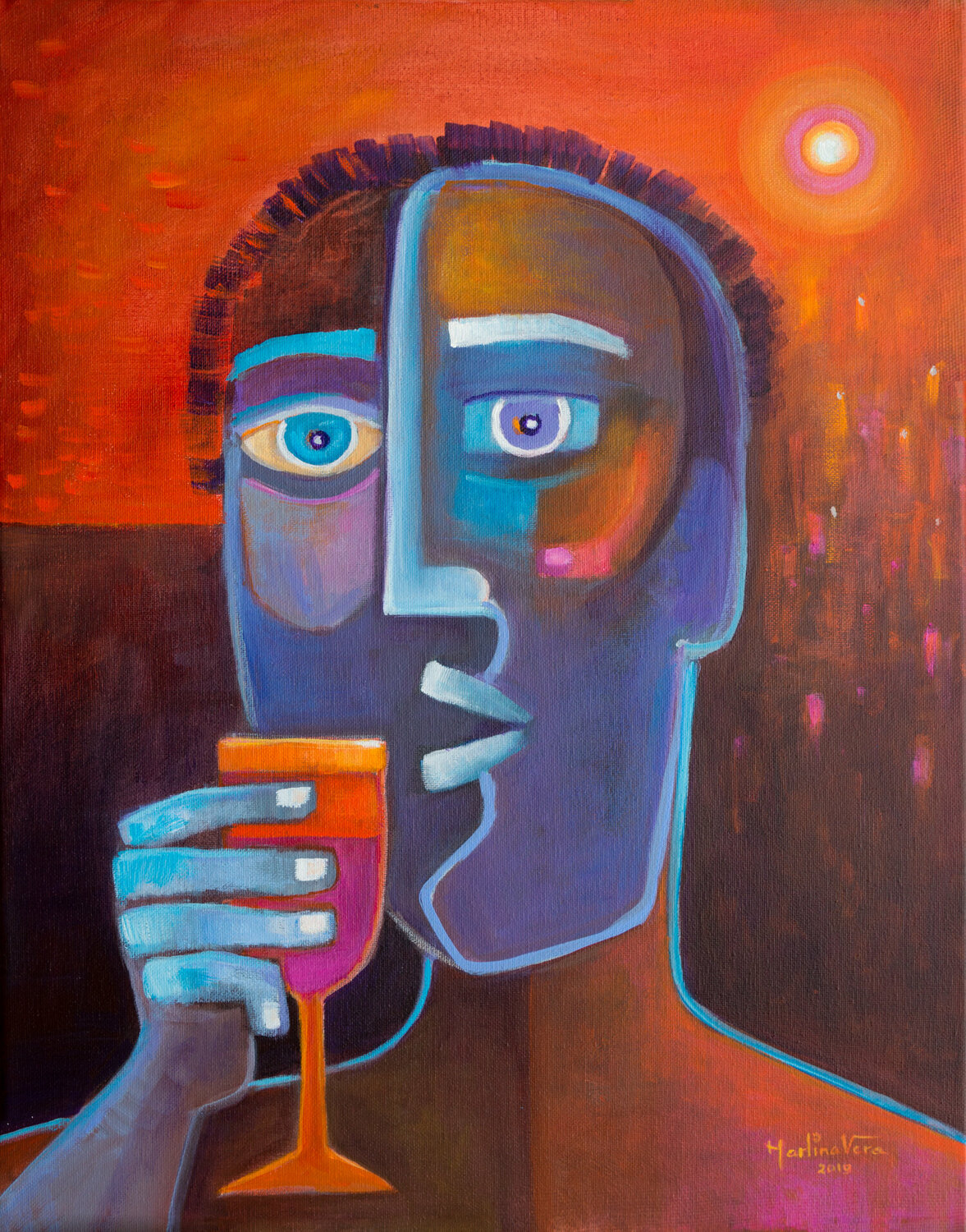 A Glass of Wine at Sunset Marlina Vera Dipinto originale in vendita
