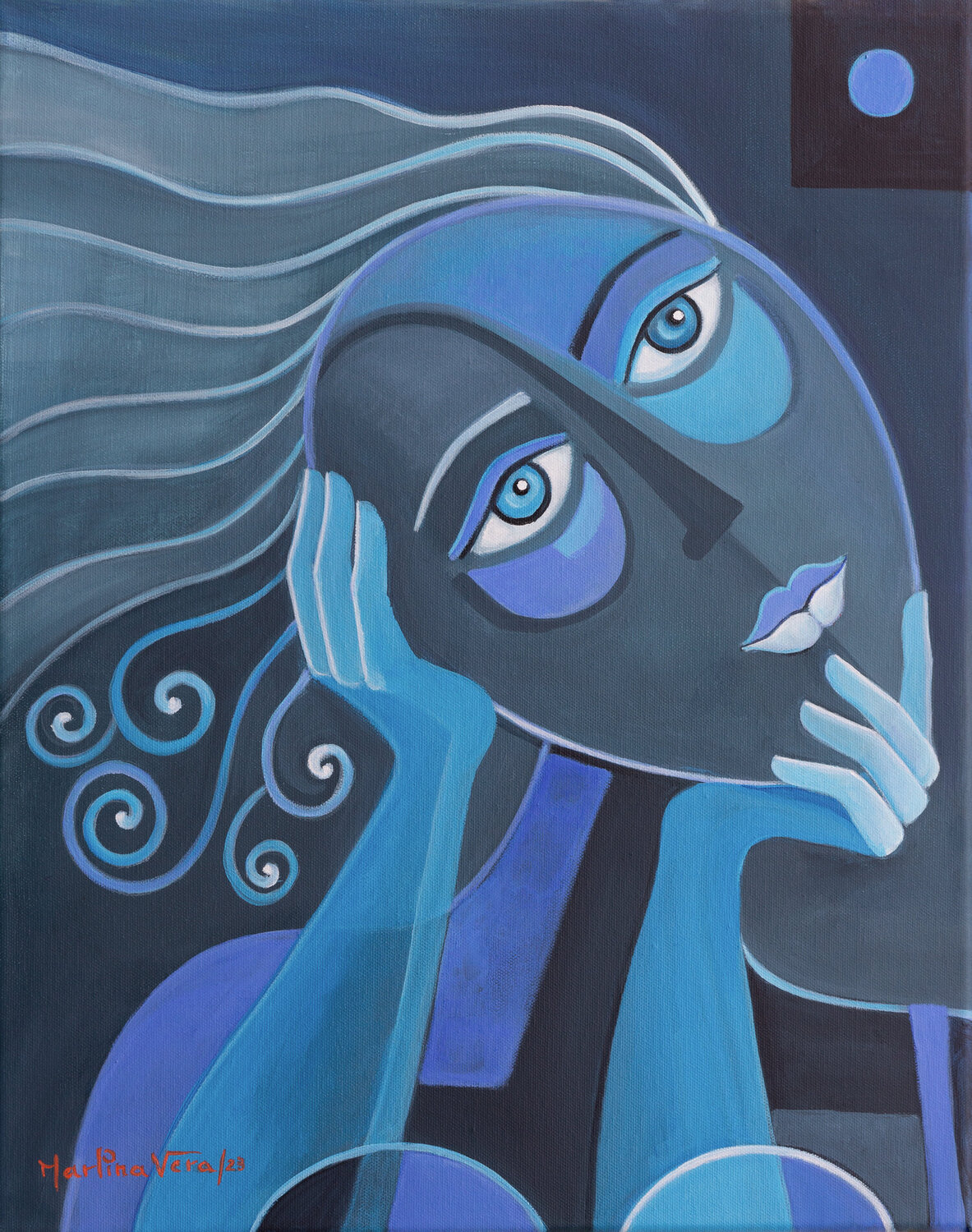 Blue Woman Contemplating Life Marlina Vera Originalgemälde zu verkaufen