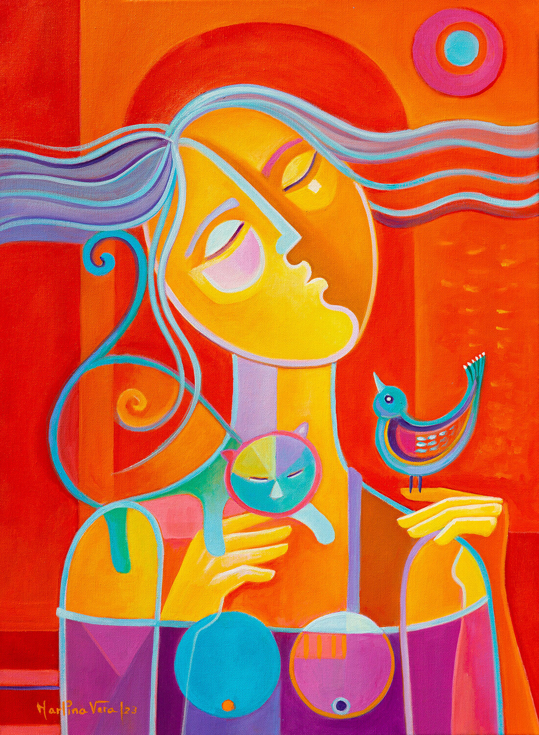 Woman with a Cat and Bird Marlina Vera Dipinto originale in vendita