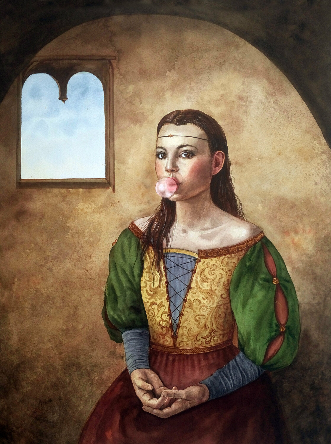 Renaissance Woman Portrait With Bubble Gum - modern