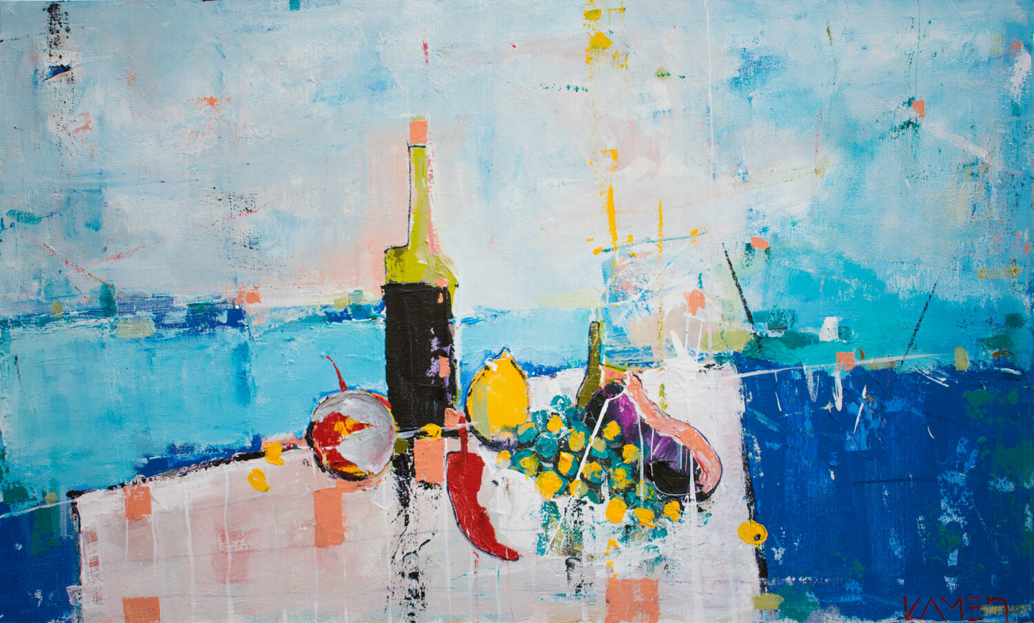 Fruits & Wine by the Sea Kamen Trifonov Originalgemälde zu verkaufen