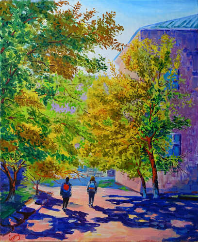 Autumn landscape 07. Road to school. by Garry Arzumanyan, Painting for Sale on Singulart