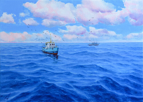 Fishing boats at sea de Garry Arzumanyan, Pintura a la venta en Singulart