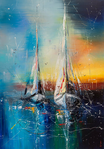 Sailboats on sunset by Liubov Kuptsova, Painting for Sale on Singulart