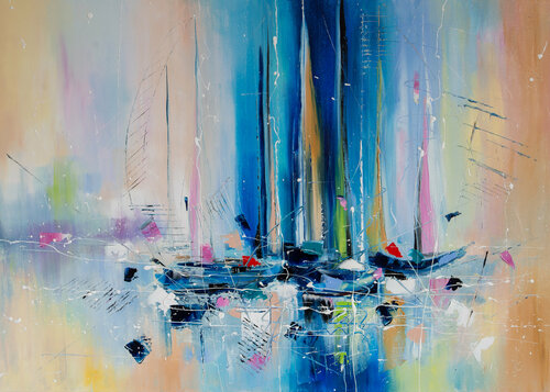 Boats in the morning lake by Liubov Kuptsova, Painting for Sale on Singulart