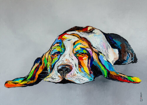 Dreaming basset hound by Liubov Kuptsova, Painting for Sale on Singulart
