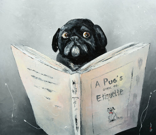 A pug's guide to etiquette by Liubov Kuptsova, Painting for Sale on Singulart