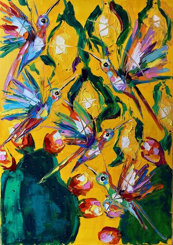 The Enchanted Hummingbirds of Citrus Oasis di Lina Redford, Pittura in vendita su Singulart