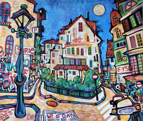 Moon, lantern and yesterday's newspaper. by Nicolai Ostapenco (N.Swiristuhi), Painting for Sale on Singulart