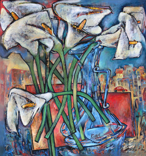 Night city, vase and calla flowers. Nicolai Ostapenco (N.Swiristuhi)
