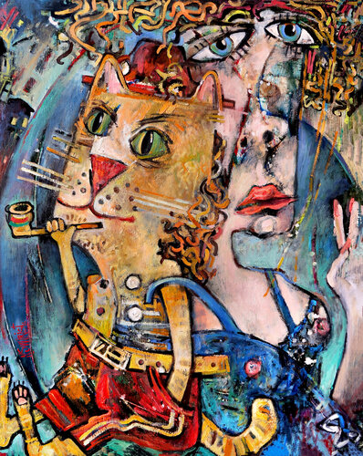 Girl and cat. Or the Peace Pipe. by Nicolai Ostapenco (N.Swiristuhi), Painting for Sale on Singulart