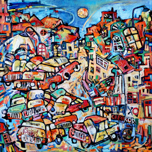 Night racing with toy cars. di Nicolai Ostapenco (N.Swiristuhi), Pittura in vendita su Singulart