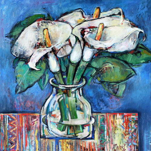 Calla flowers and colored tablecloth. van Nicolai Ostapenco (N.Swiristuhi), Schilderij te koop op Singulart