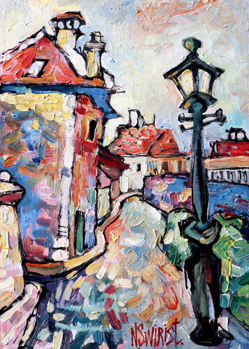 Street and lantern di Nicolai Ostapenco (N.Swiristuhi), Pittura in vendita su Singulart