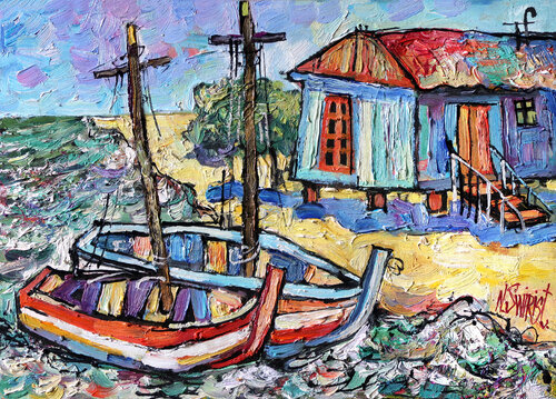 Sun and fishing boats de Nicolai Ostapenco (N.Swiristuhi), Pintura a la venta en Singulart