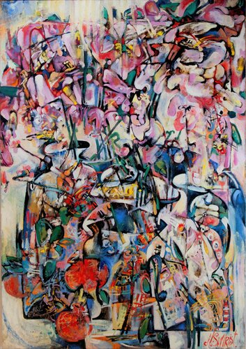 VASES, FLOWERS AND THREE POMEGRANATE FRUIT. di Nicolai Ostapenco (N.Swiristuhi), Pittura in vendita su Singulart