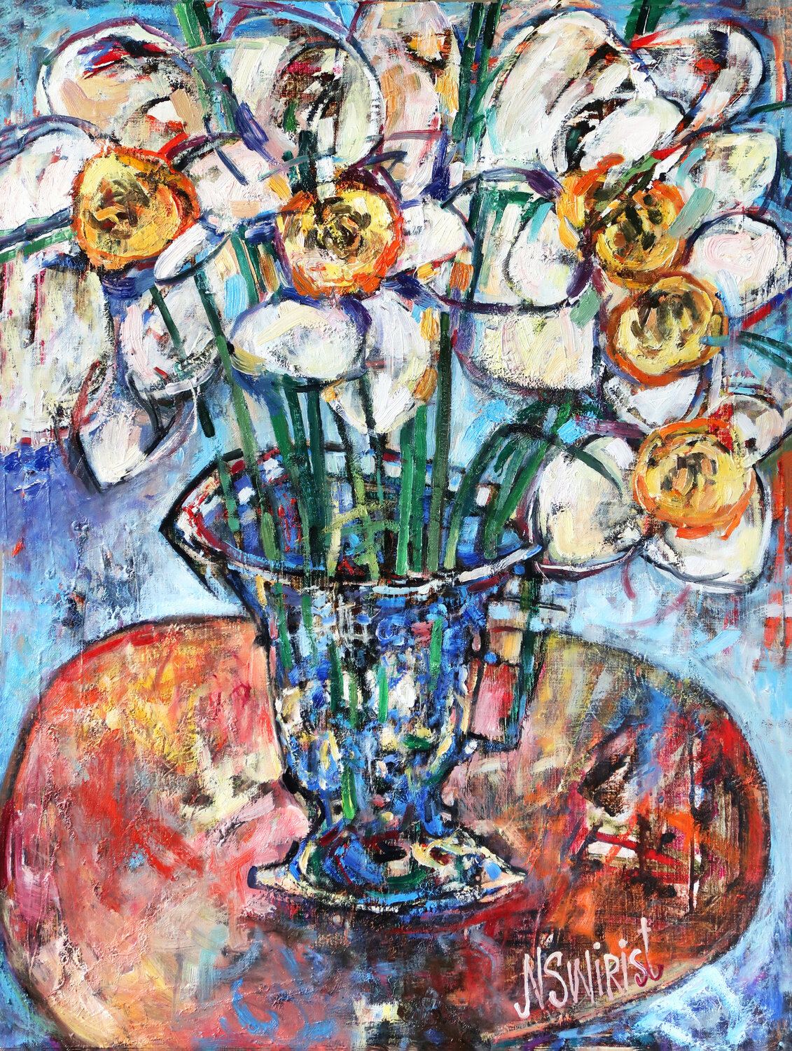 Blue vase, table and spring. Nicolai Ostapenco (N.Swiristuhi) Dipinto originale in vendita