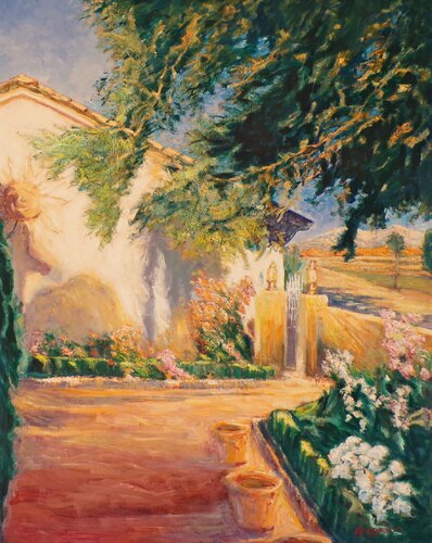 FRONT PATIO, PALM SPRINGS par Francis Azzopardi, Peinture en vente sur Singulart