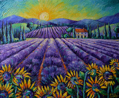 LAVENDER FIELDS AND SUNFLOWERS - LIGHTS OF PROVENCE di Mona Edulesco, Pittura in vendita su Singulart