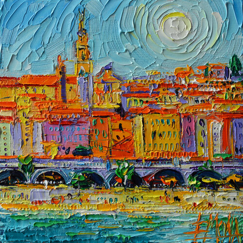 MENTON FRANCE COLORFUL WATERFRONT van Mona Edulesco, Schilderij te koop op Singulart