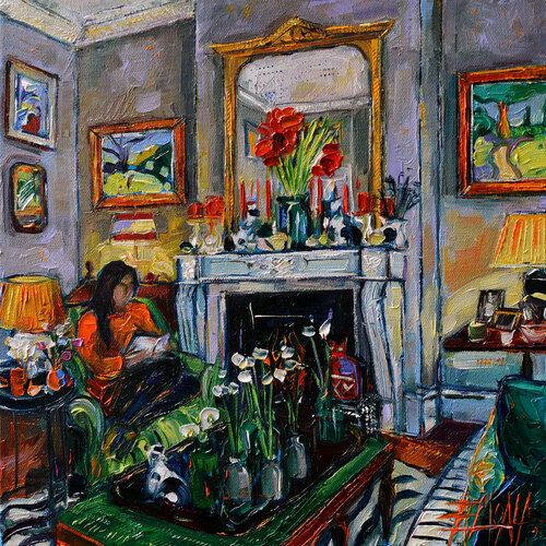 WOMAN READING BY FIREPLACE room portrait 175 van Mona Edulesco, Schilderij te koop op Singulart
