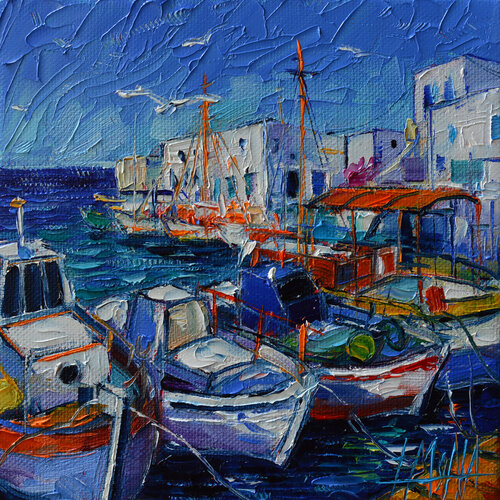 OLD PORT OF NAOUSSA - PAROS ISLAND GREECE di Mona Edulesco, Pittura in vendita su Singulart