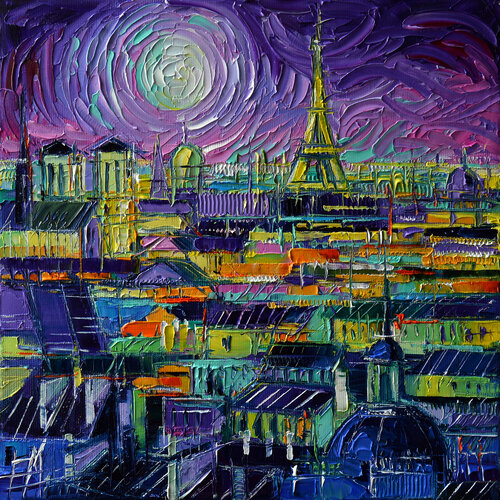 EIFFEL TOWER AND PARIS ROOFTOPS AT NIGHT di Mona Edulesco, Pittura in vendita su Singulart